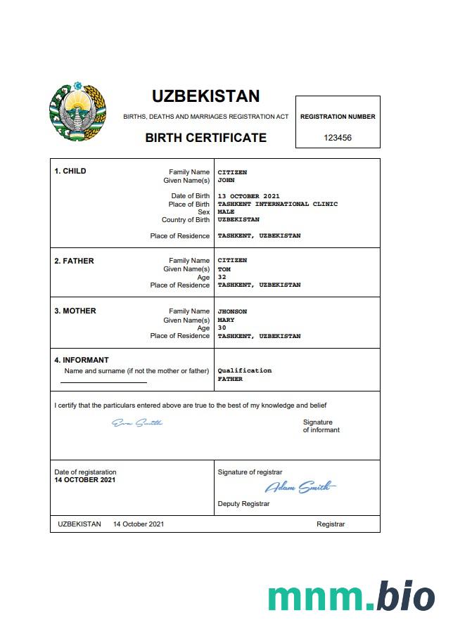 Uzbekistan rekord życiowy narodziny certyfikat Word i PDF szablon